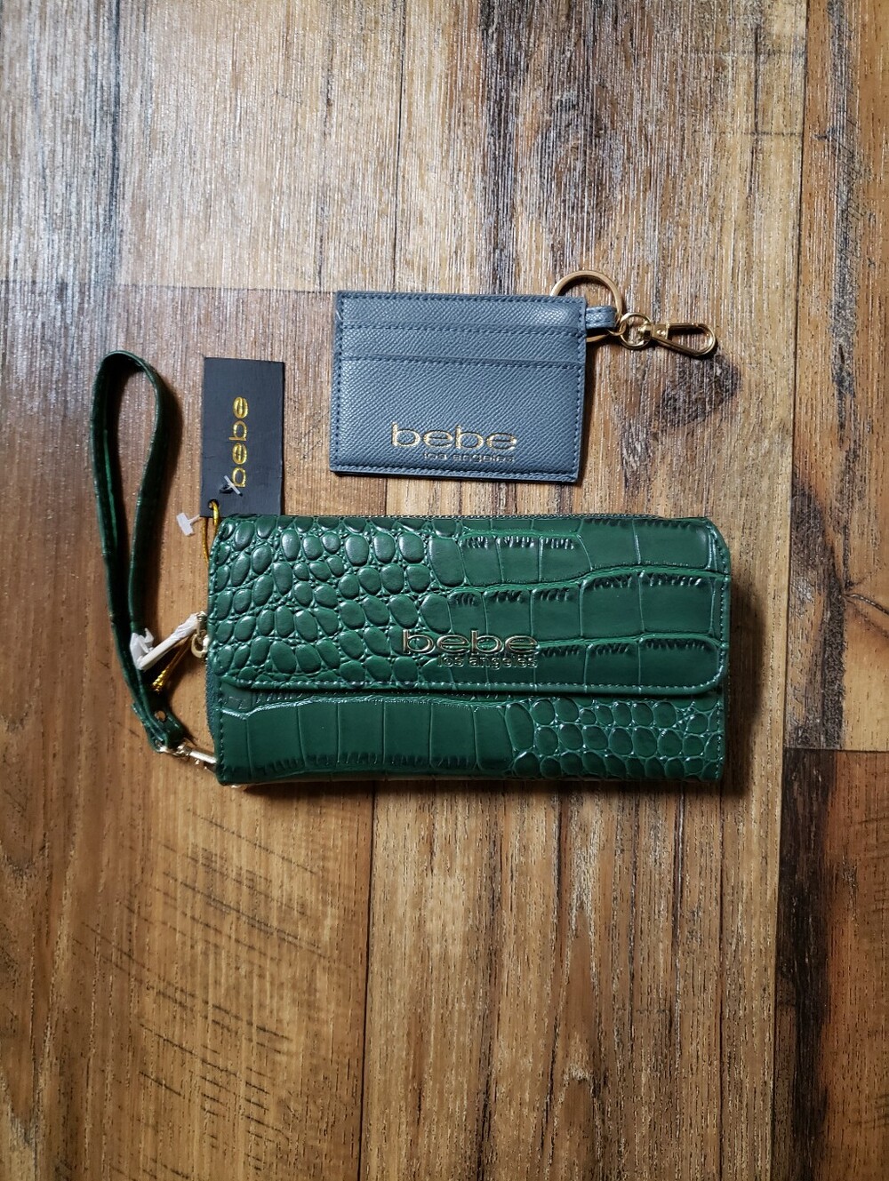 Bebe Green Croc Wallet Wrislet & Slim Card Case with Key Ring in Slate Blue